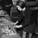 Delia Derbyshire working with tape machines