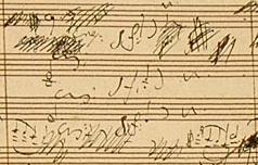 Fragment from a page of Beethoven's scored out and corrected hand-written manuscript for his 6th Symphony