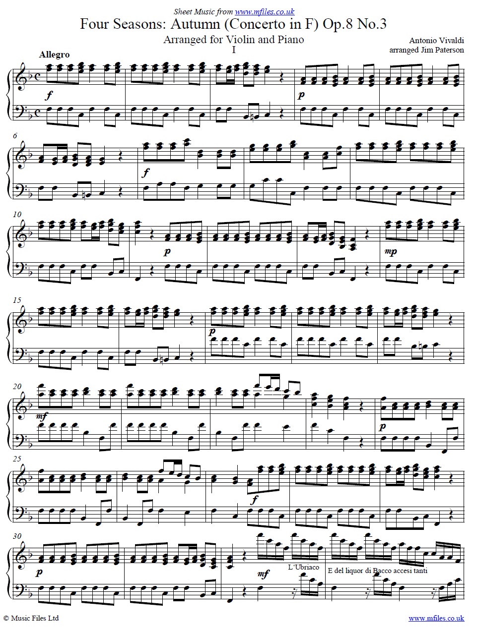 Vivaldi's Autumn from The Four Seasons (arranged for piano) - sheet music 1st page