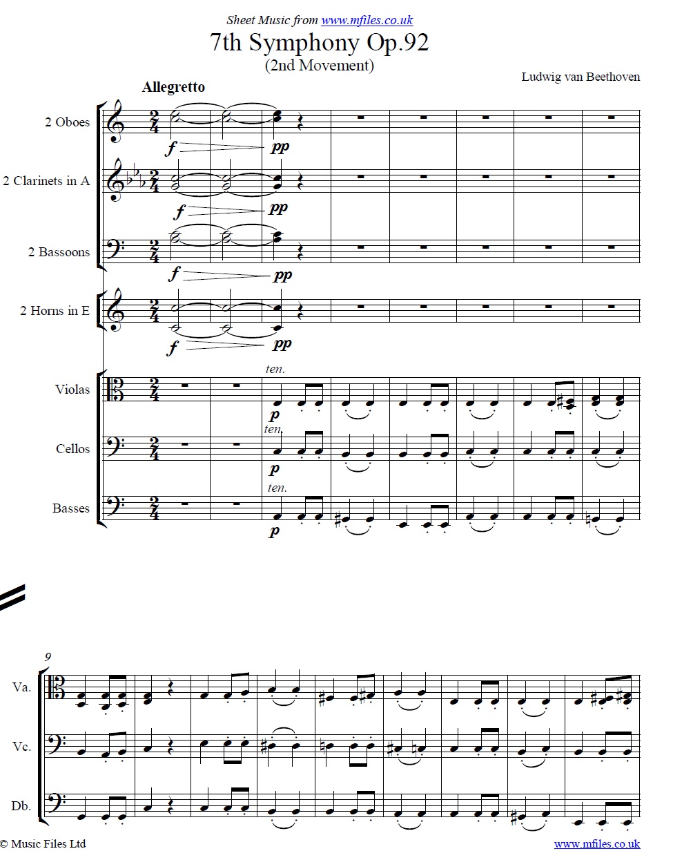 Beethoven's 7th Symphony 2nd movement (orchestral score) - sheet music 1st page