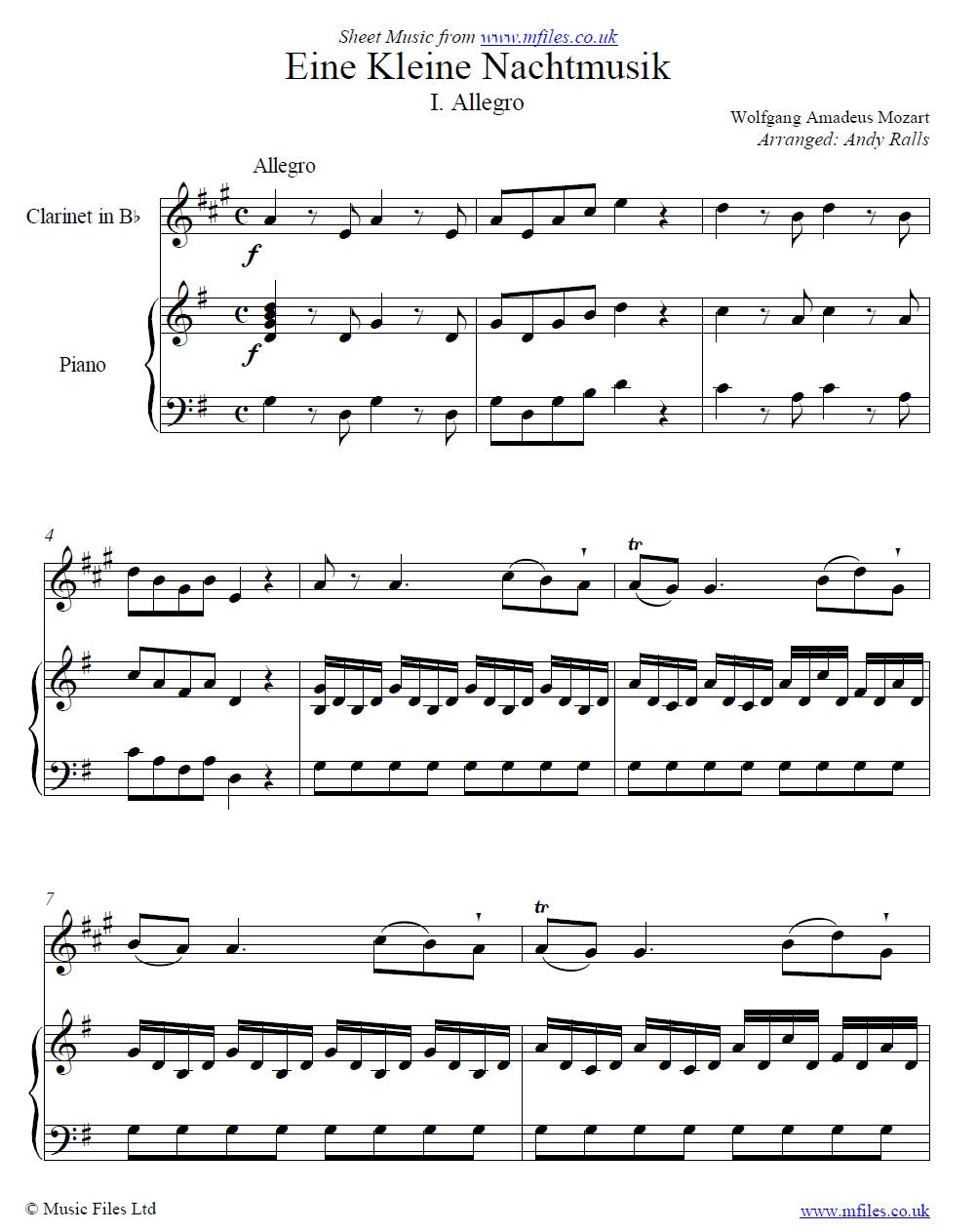 Mozart's Eine Kleine Nachtmusik (1st Movement) for clarinet in B-flat and piano - sheet music 1st page