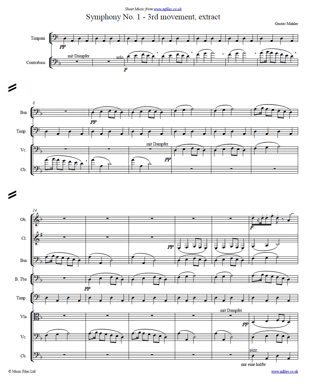 Mahler's 1st Symphony (3rd movement) score extract - sheet music 1st page