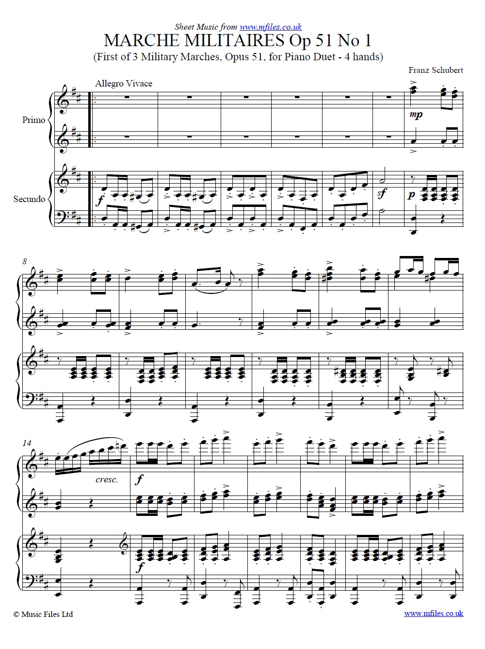 Schubert's Marche Militaire No.1 for piano duet - sheet music 1st page