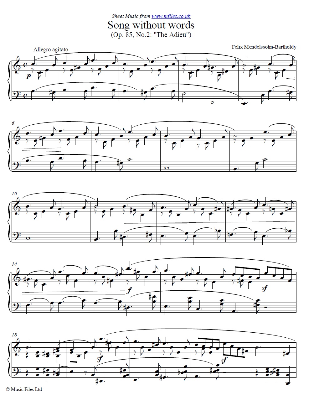 Mendelssohn's Song without words Op.85 No.2 The Adieu for piano - sheet music 1st page