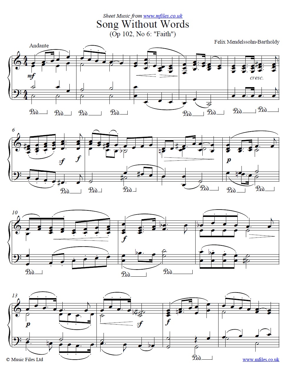 Mendelssohn's Song without words Op.102 No.6 Faith for piano - sheet music 1st page