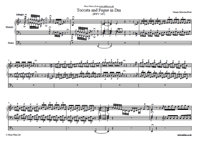 Bach's Toccata and Fugue in D minor for organ - sheet music 1st page