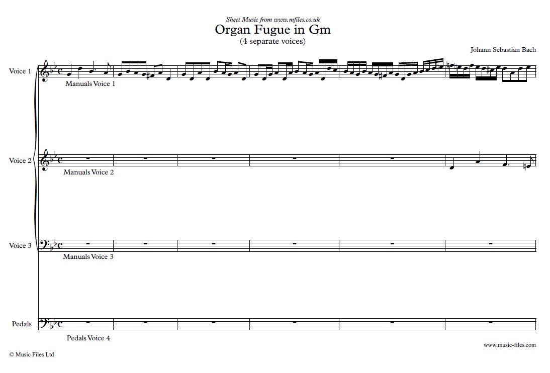 Bach's Fugue in G minor for Organ (voices version) - sheet music 1st page