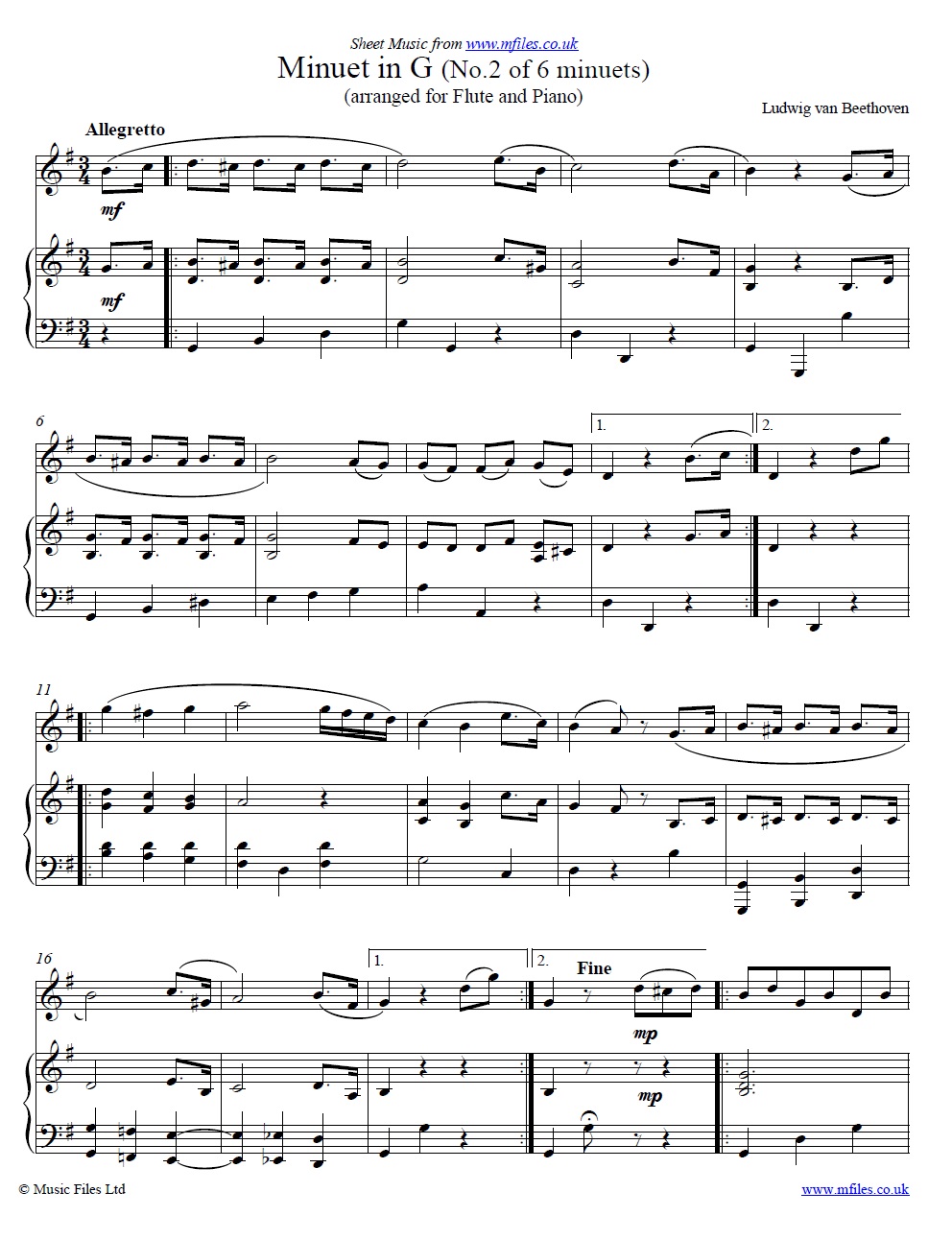 Beethoven's Minuet in G for flute and piano - sheet music 1st page