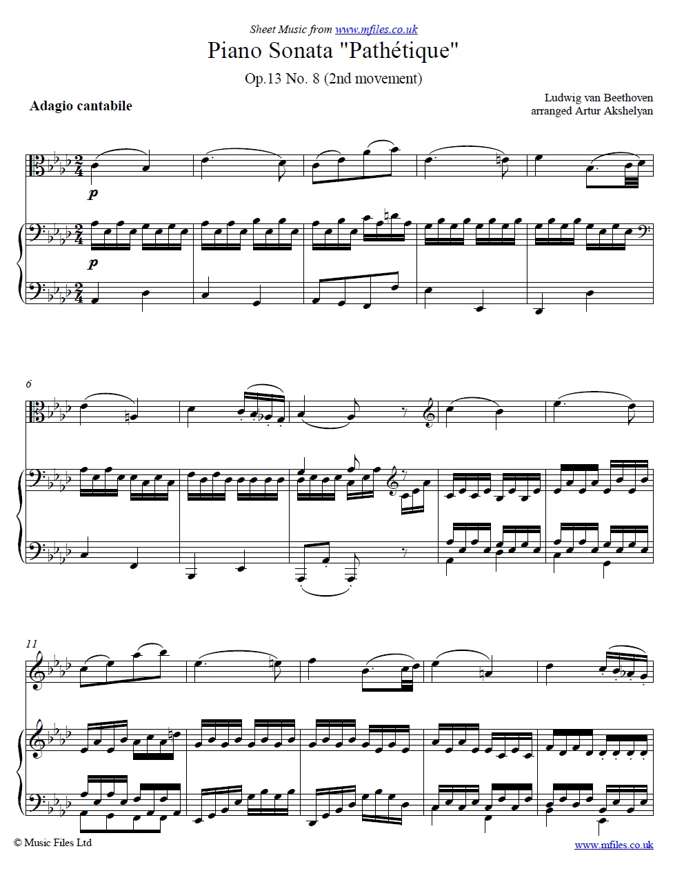 Beethoven's Pathétique Sonata (2nd movement) for viola and piano - sheet music 1st page