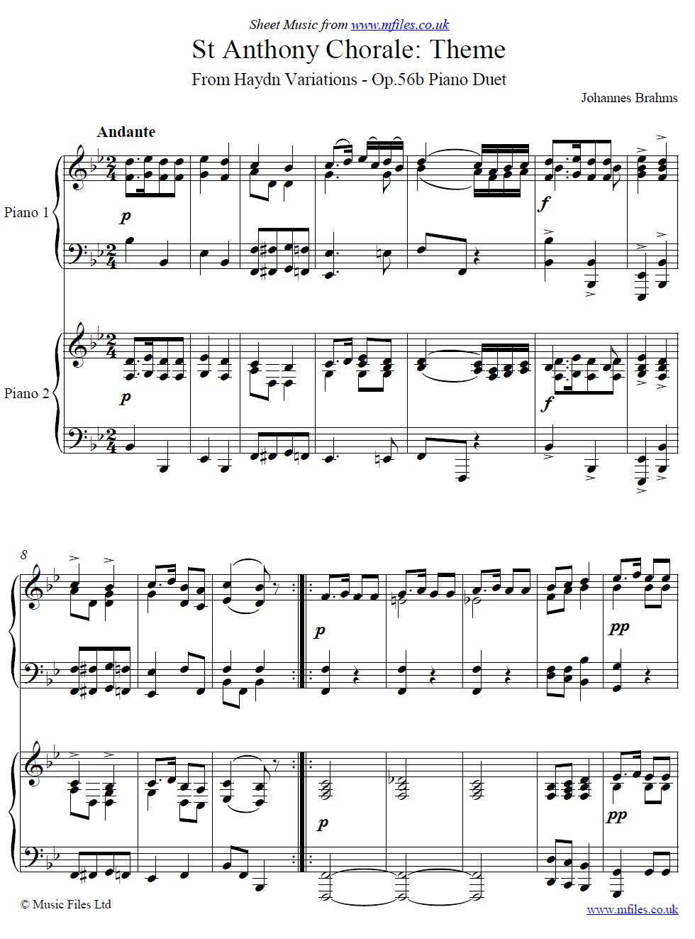 Brahms' St. Anthony Chorale Variations (Theme) for Two Pianos - sheet music 1st page