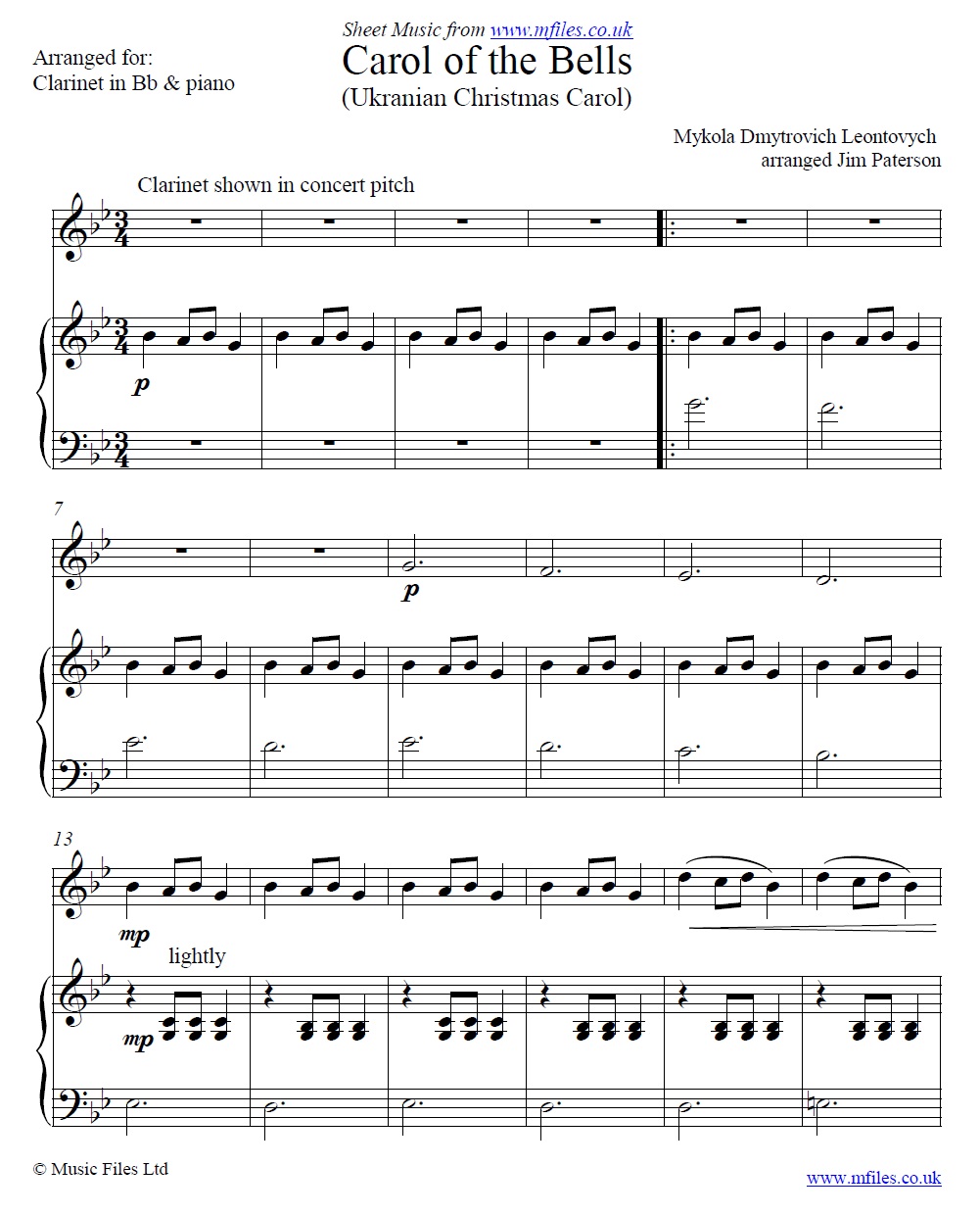 Carol of the Bells for clarinet and piano - sheet music 1st page