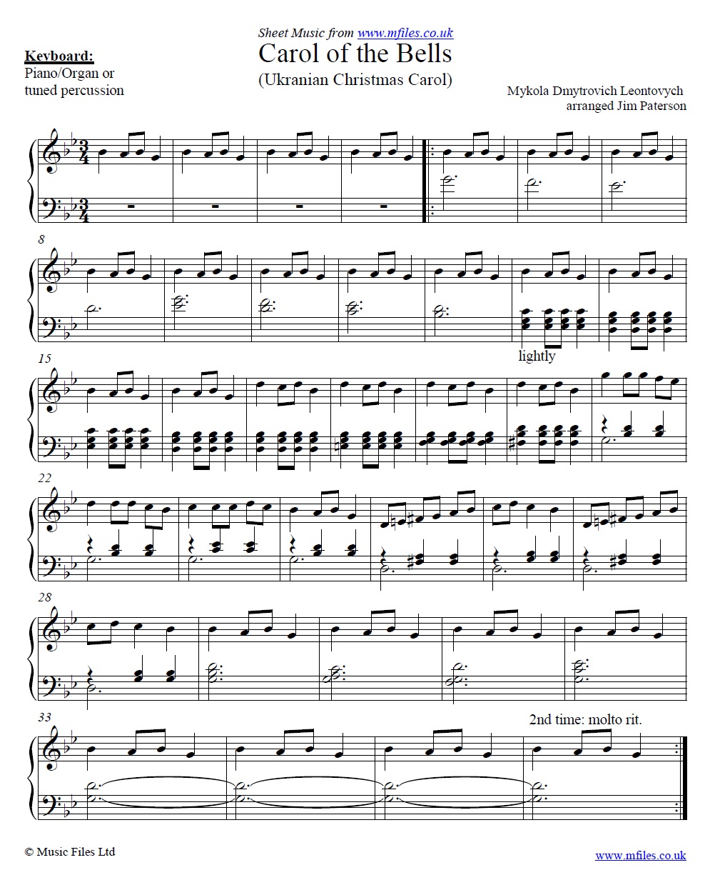 Carol of the Bells for piano - sheet music 1st page