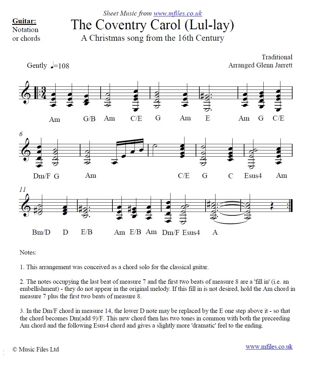 The Coventry Carol (arranged Glenn Jarrett) for guitar - sheet music 1st page
