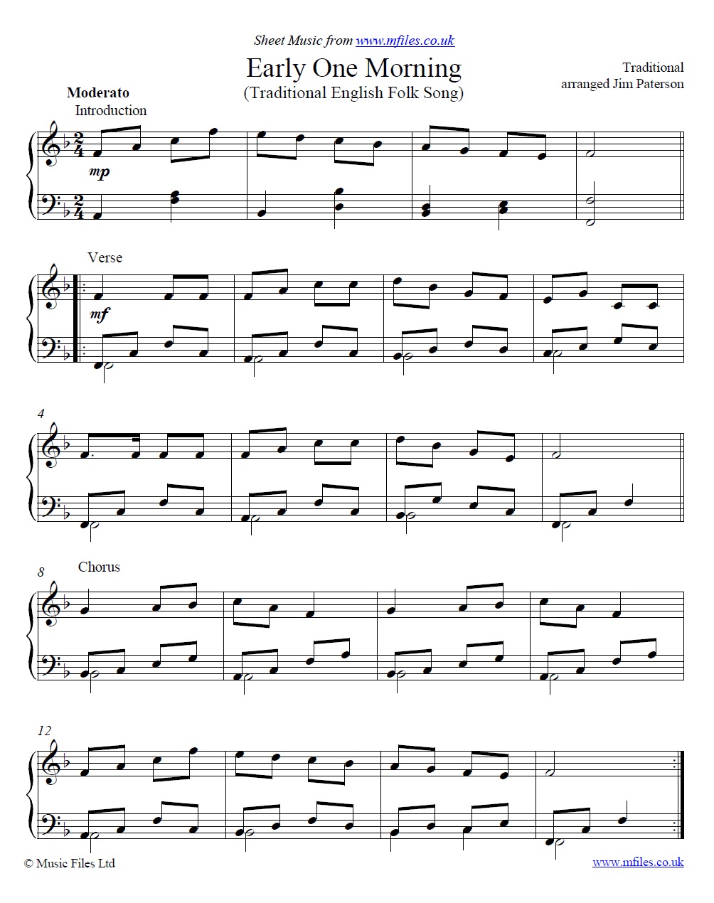 Early One Morning for piano - sheet music 1st page