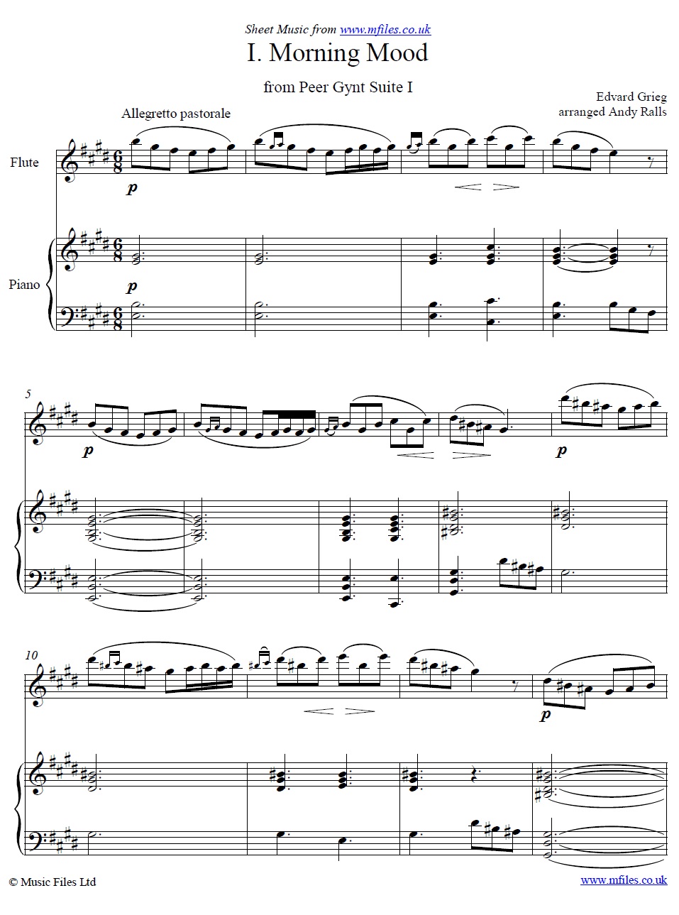 Grieg's Morning Mood from Peer Gynt for flute and piano - sheet music 1st page