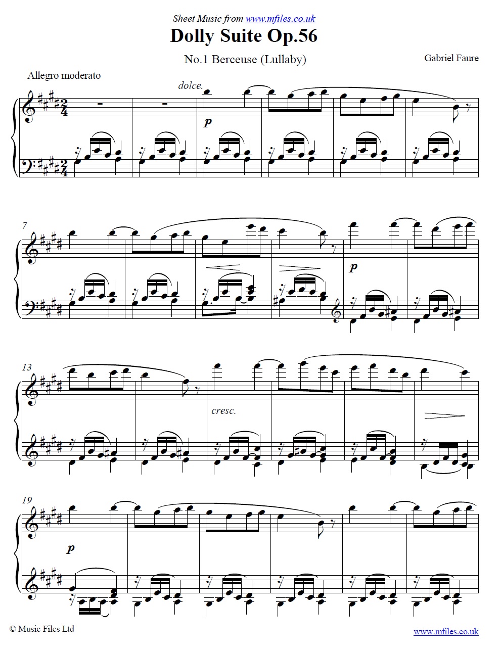 Fauré's Berceuse (Lullaby) from the Dolly Suite (for Piano Solo) - sheet music 1st page