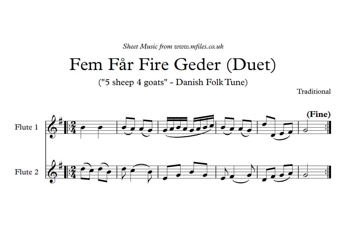 Fem Far Fire Geder for Flute or Whistle Duet - sheet music 1st page