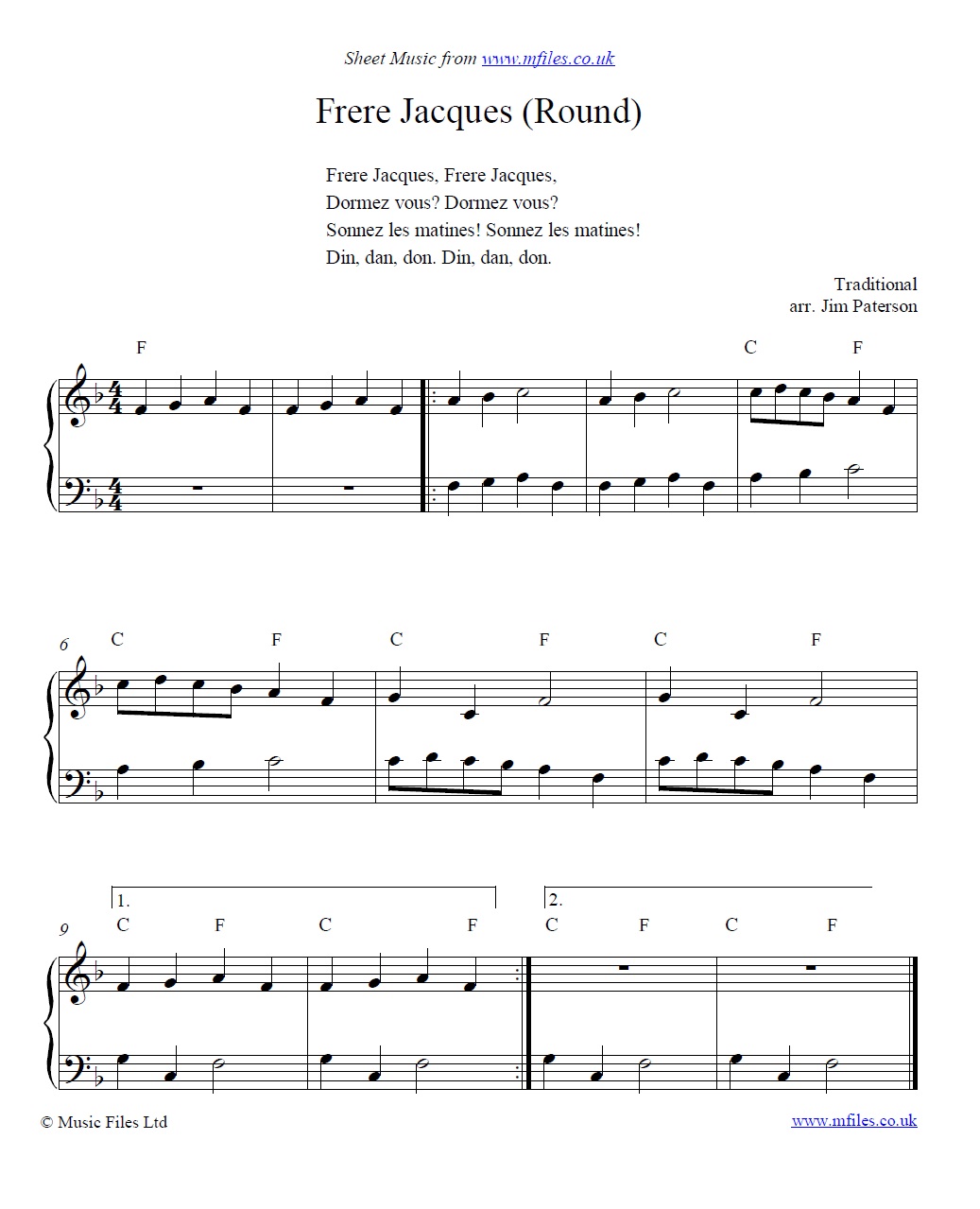 Frere Jacques in 4 parts as a round - sheet music 1st page