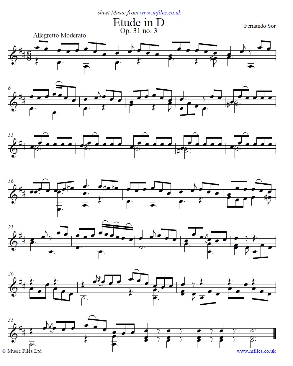Sor's Etude Op.31 No.3 for guitar - sheet music 1st page