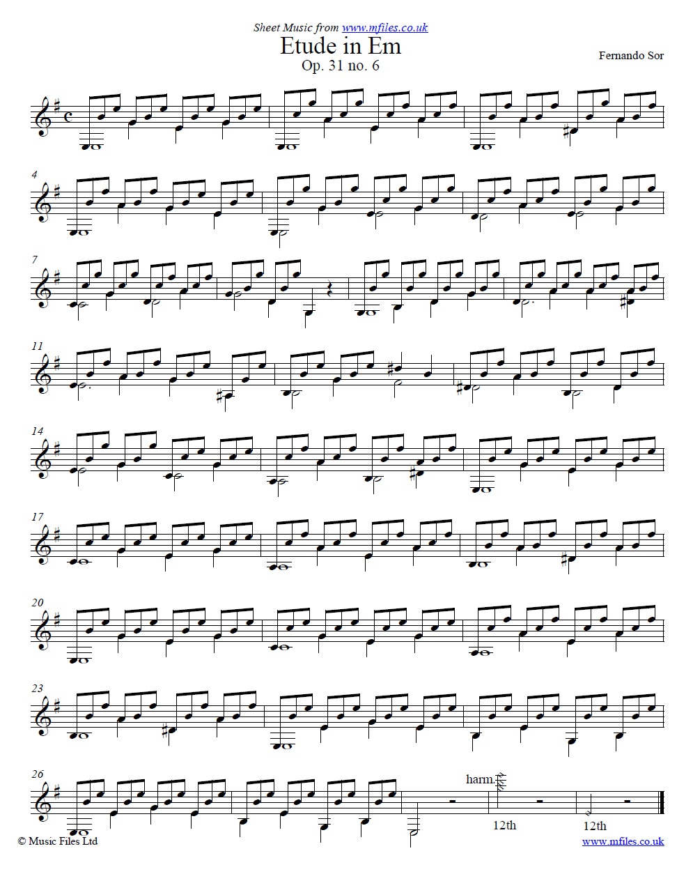 Sor's Etude Op.31 No.6 for guitar - sheet music 1st page