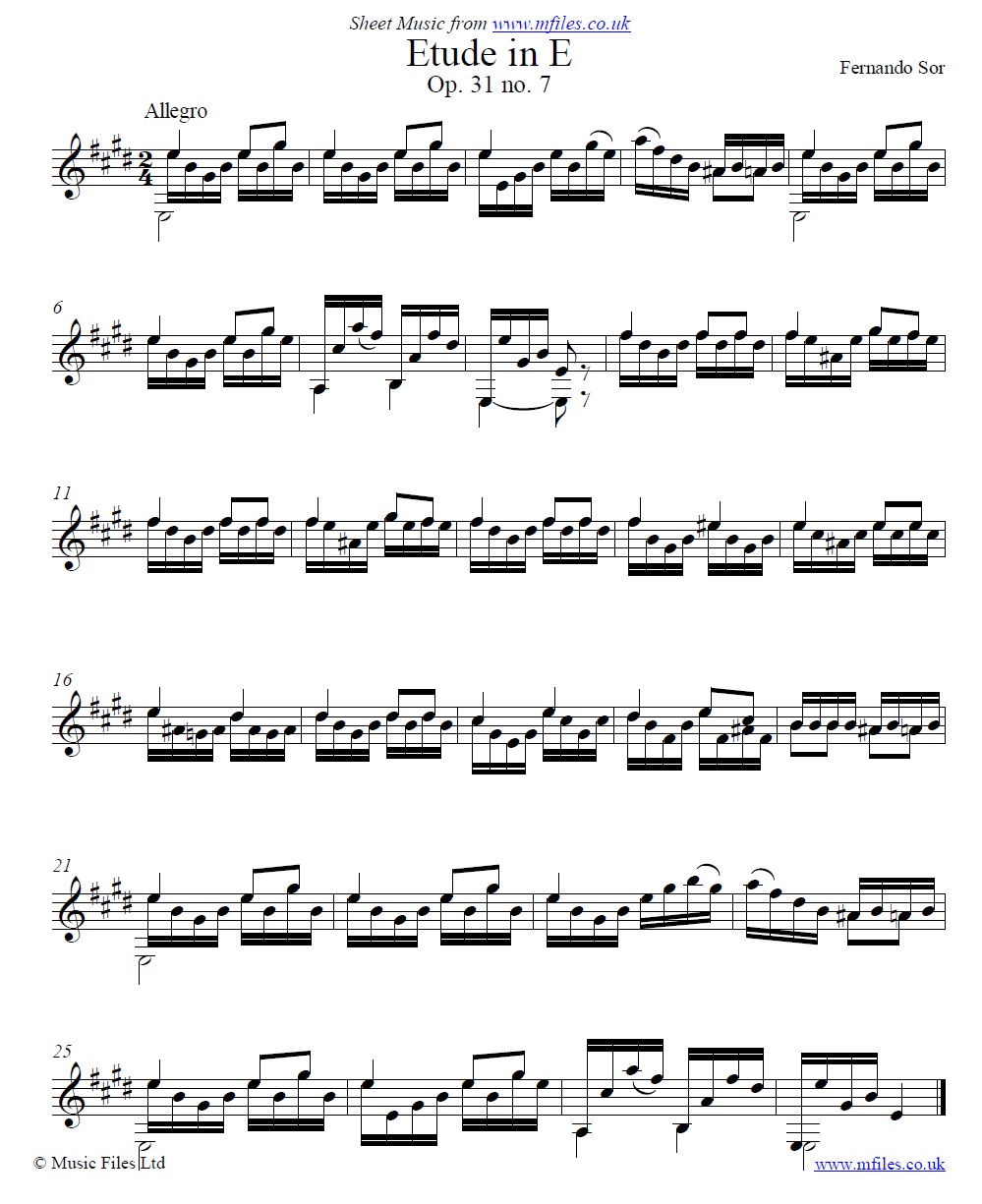 Sor's Etude Op.31 No.7 for guitar - sheet music 1st page