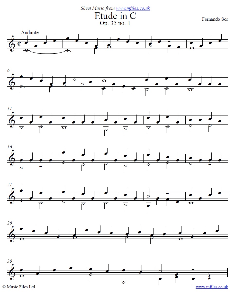 Sor's Etude Op.35 No.1 for guitar - sheet music 1st page