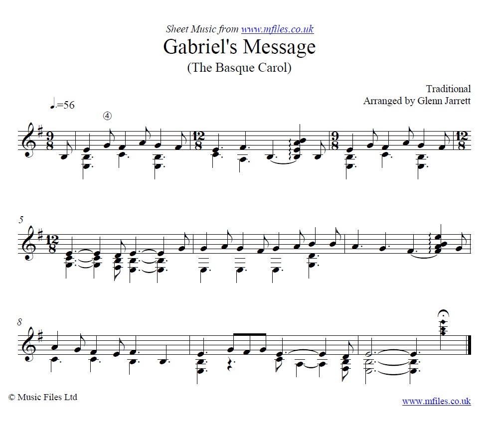 Gabriel's Message (The Basque Carol) arranged by Glenn Jarrett for Guitar - sheet music 1st page