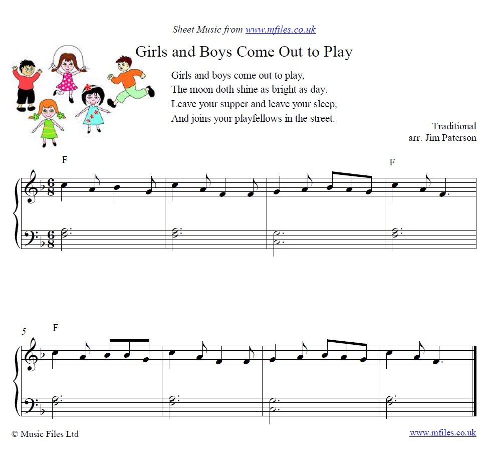 Girls and Boys come out to Play for piano - sheet music 1st page