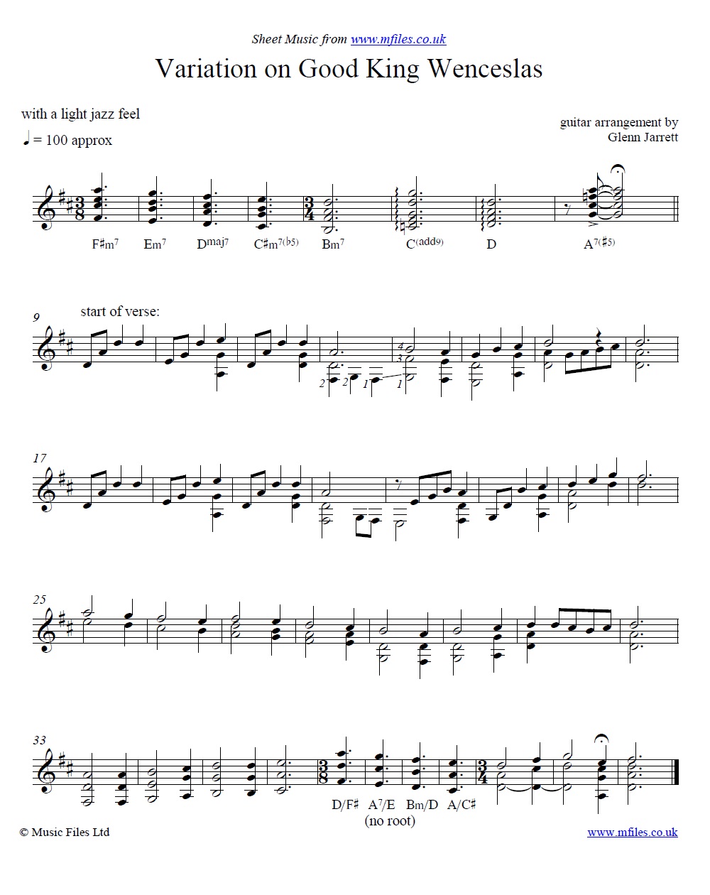 Good King Wenceslas arranged by Glenn Jarrett for guitar - sheet music 1st page