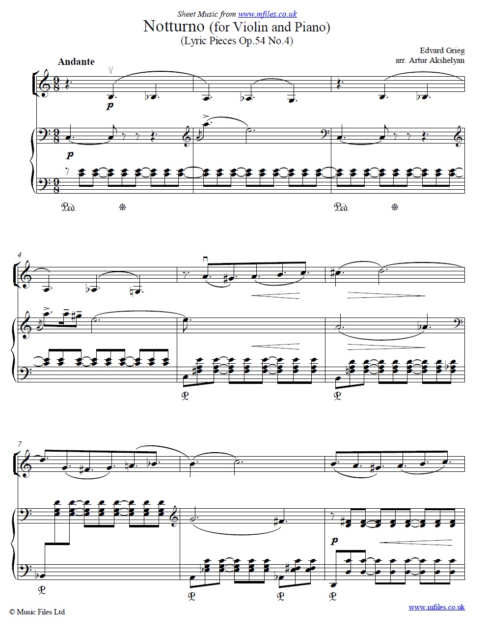 Grieg's Notturno (Lyric Piece Op.54 No.4) for violin and piano - sheet music 1st page