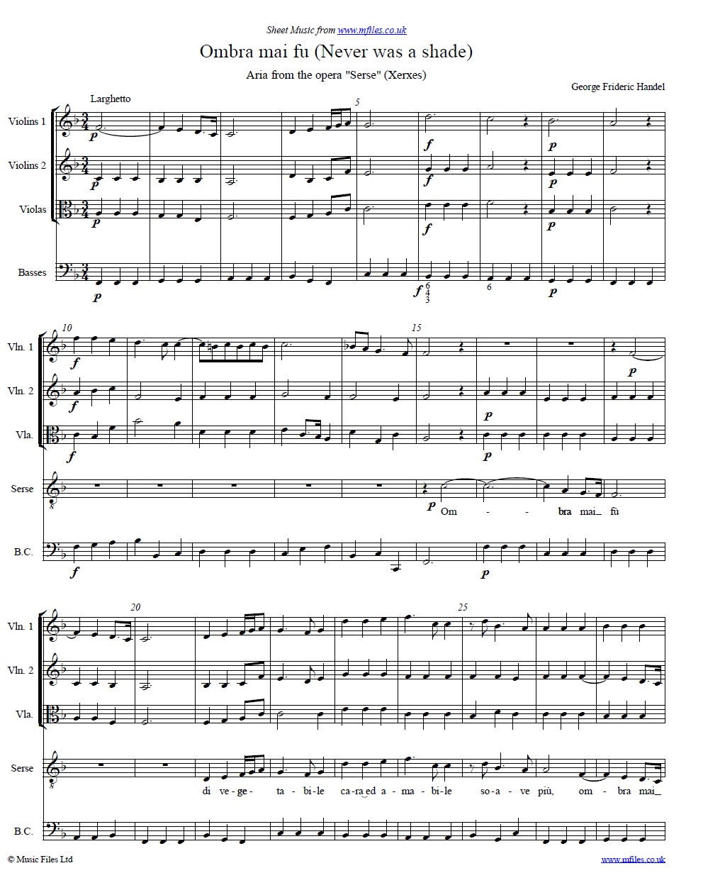 Handel's Ombra Mai Fu (aria from Serse) score - sheet music 1st page