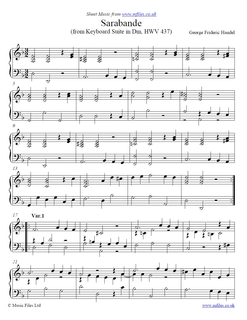 Handel's Sarabande from Keyboard Suite in Dm - sheet music 1st page