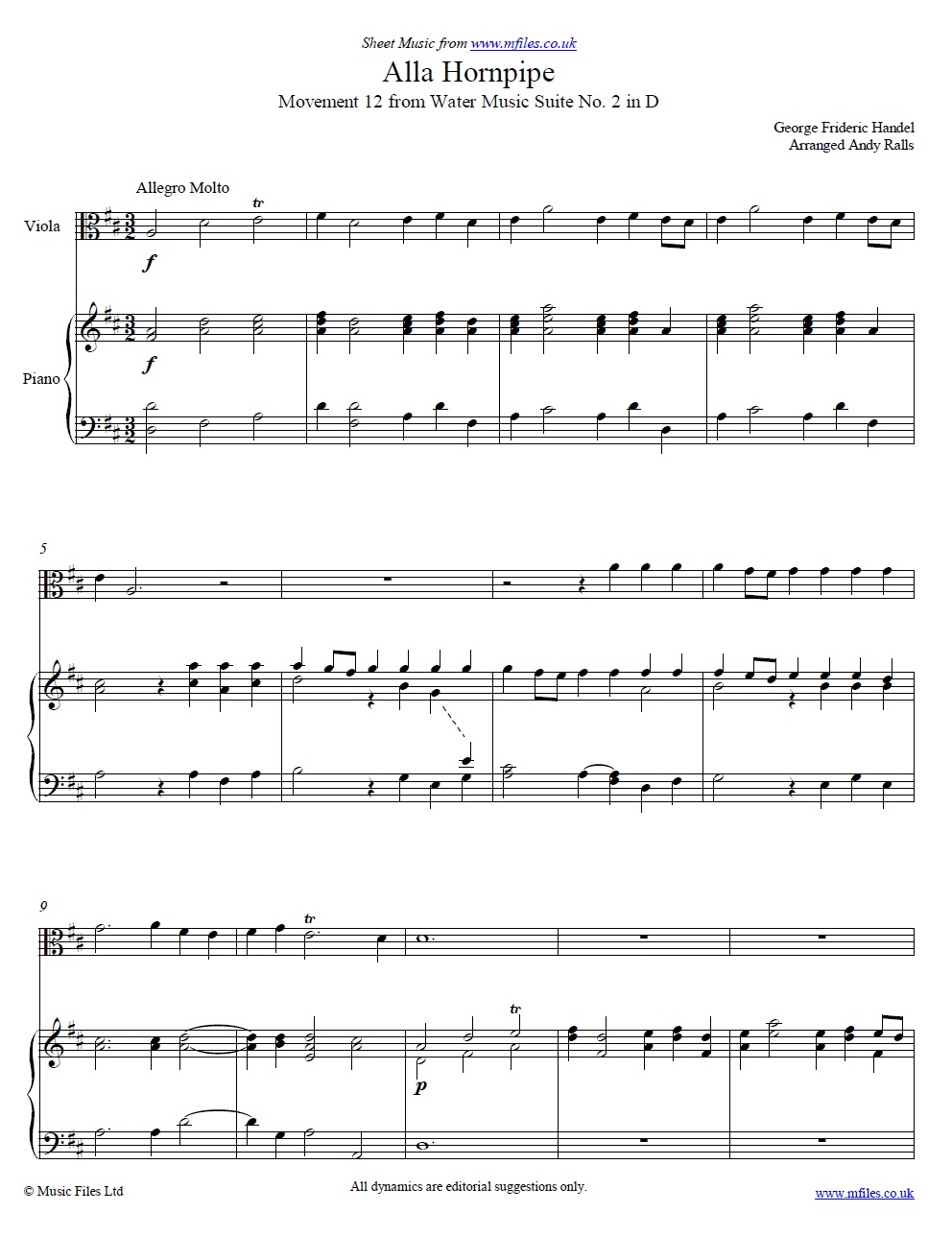 Handel's Hornpipe from The Water Music for violin and piano - sheet music 1st page