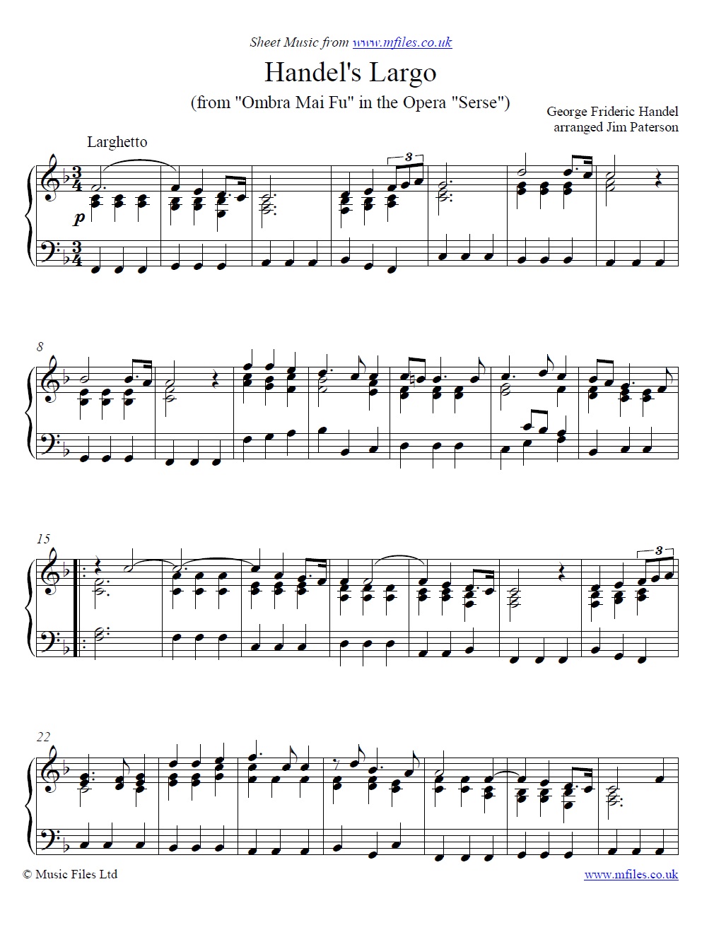 Handel's Largo for piano - sheet music 1st page