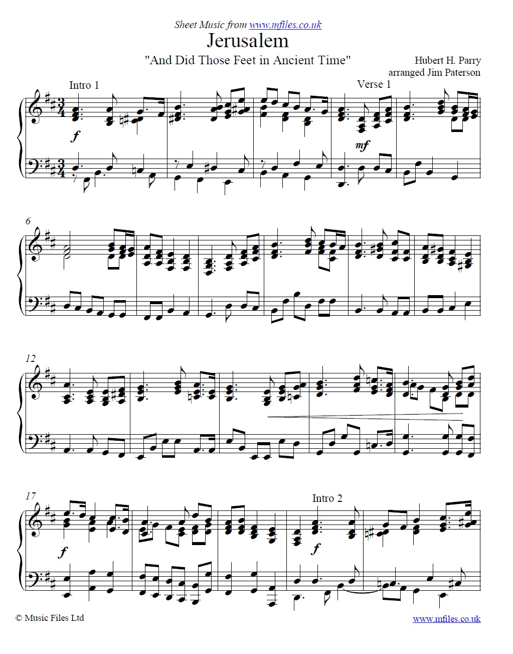 Parry's Jerusalem for piano - sheet music 1st page