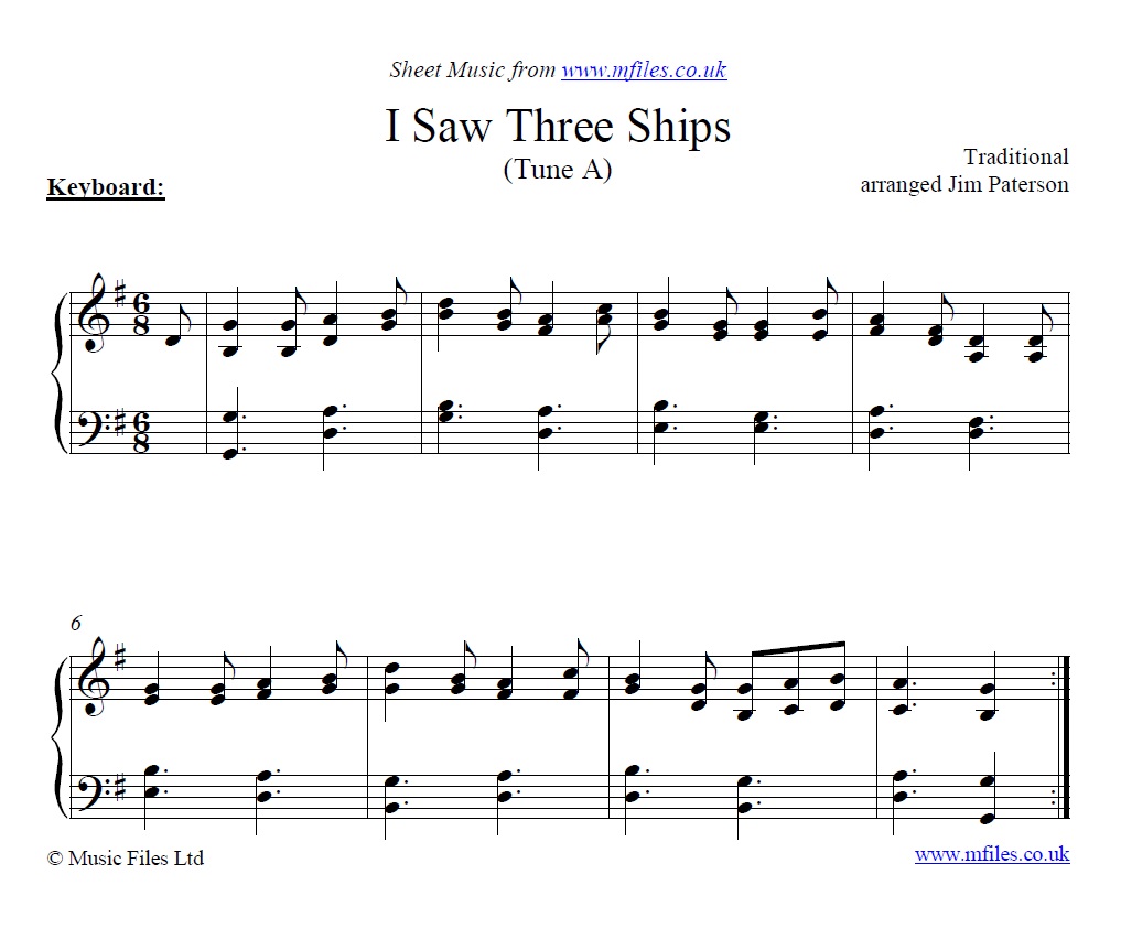 I Saw Three Ships (Tune A) for piano - sheet music 1st page