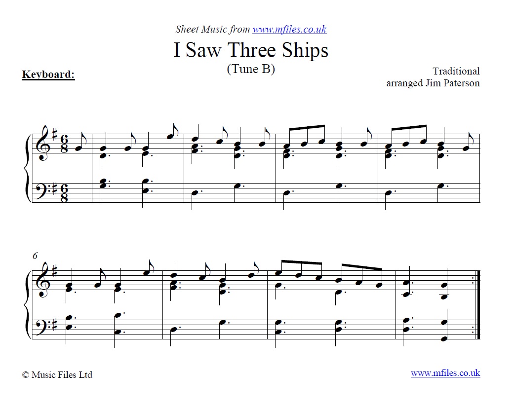 I Saw Three Ships (Tune B) for piano - sheet music 1st page