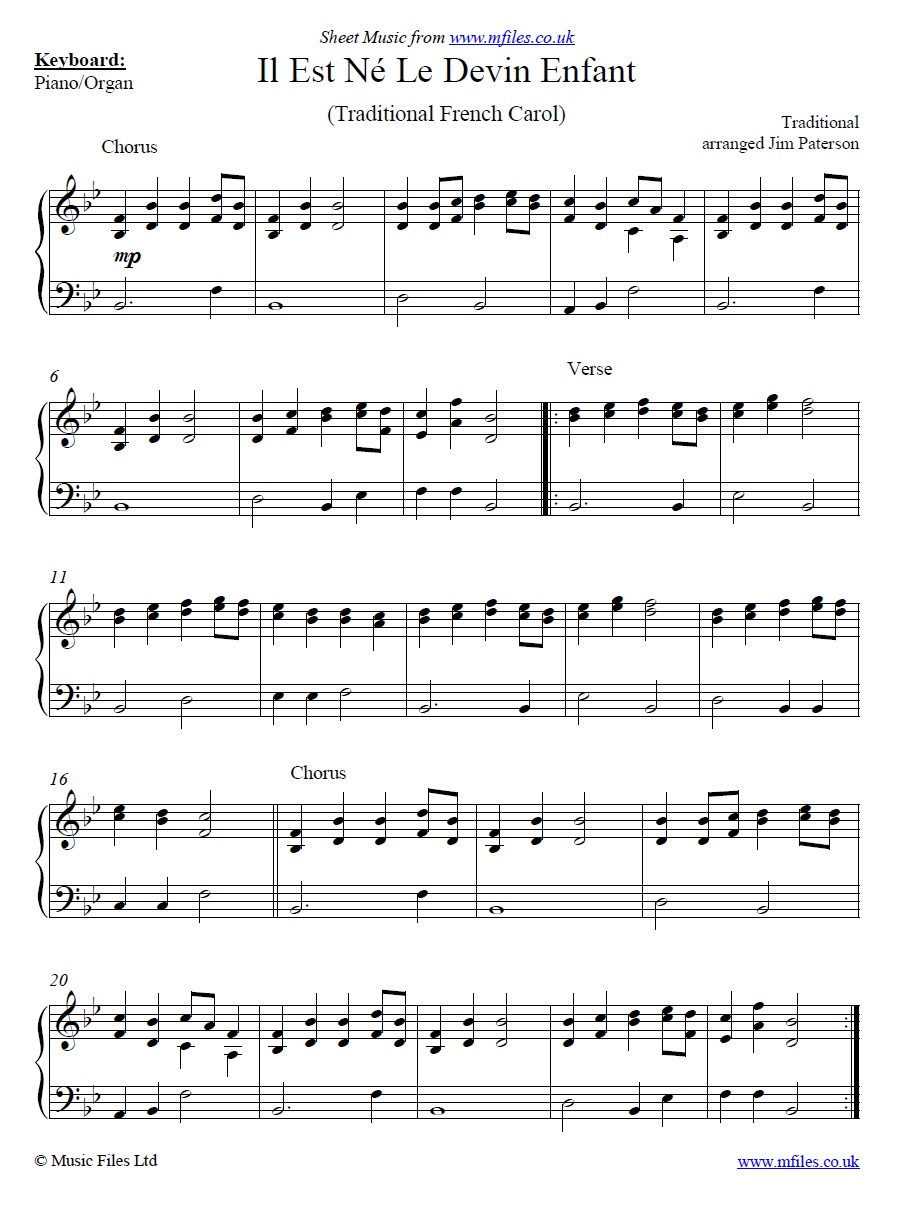 Il Est Né Le Devin Enfant (christmas carol) for piano - sheet music 1st page