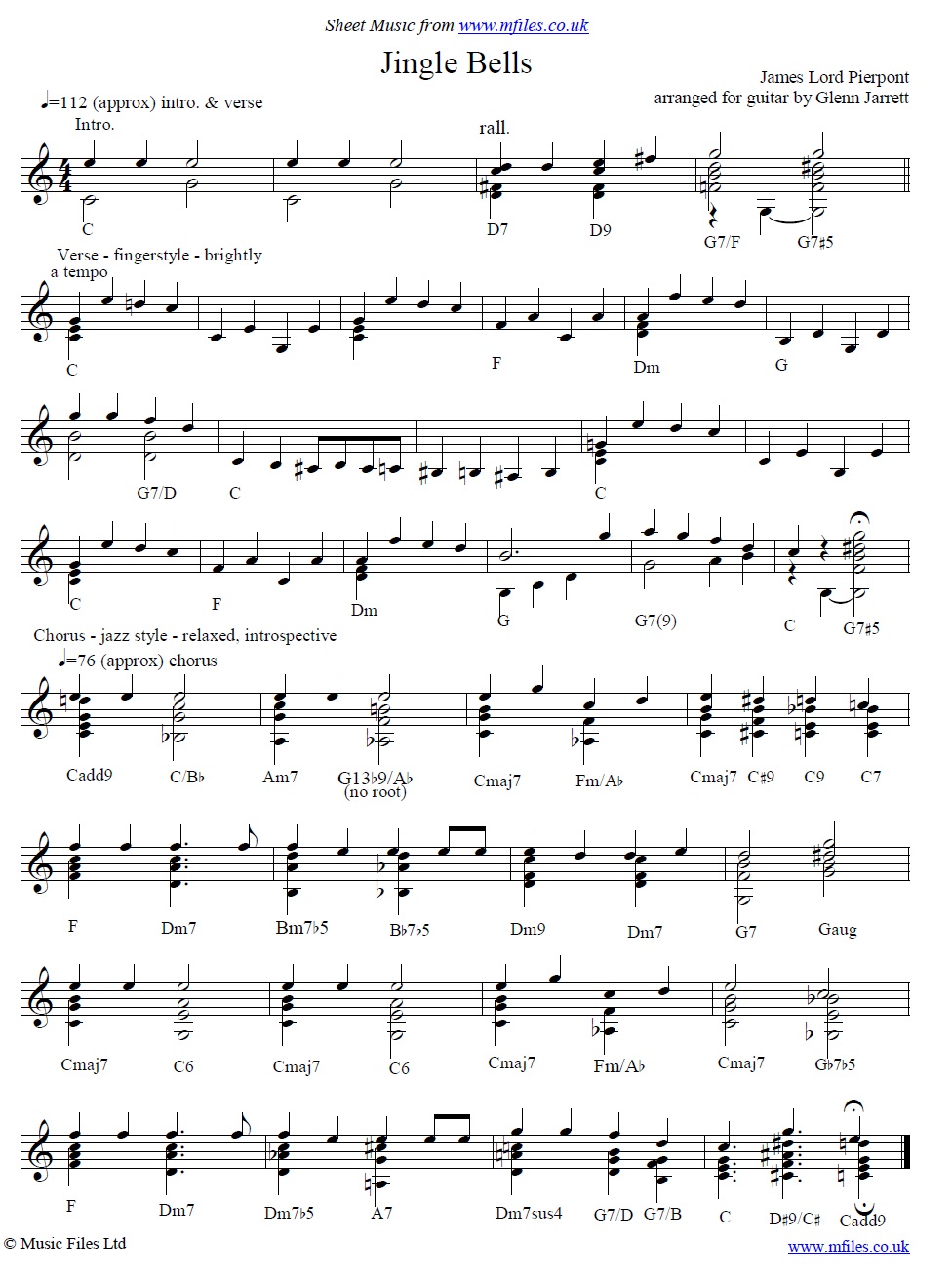 Jingle Bells arranged by Glenn Jarrett for guitar - sheet music 1st page