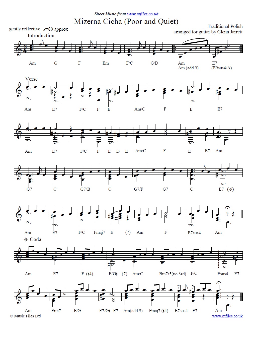 Mizerna Cicha arranged by Glenn Jarrett for guitar - sheet music 1st page