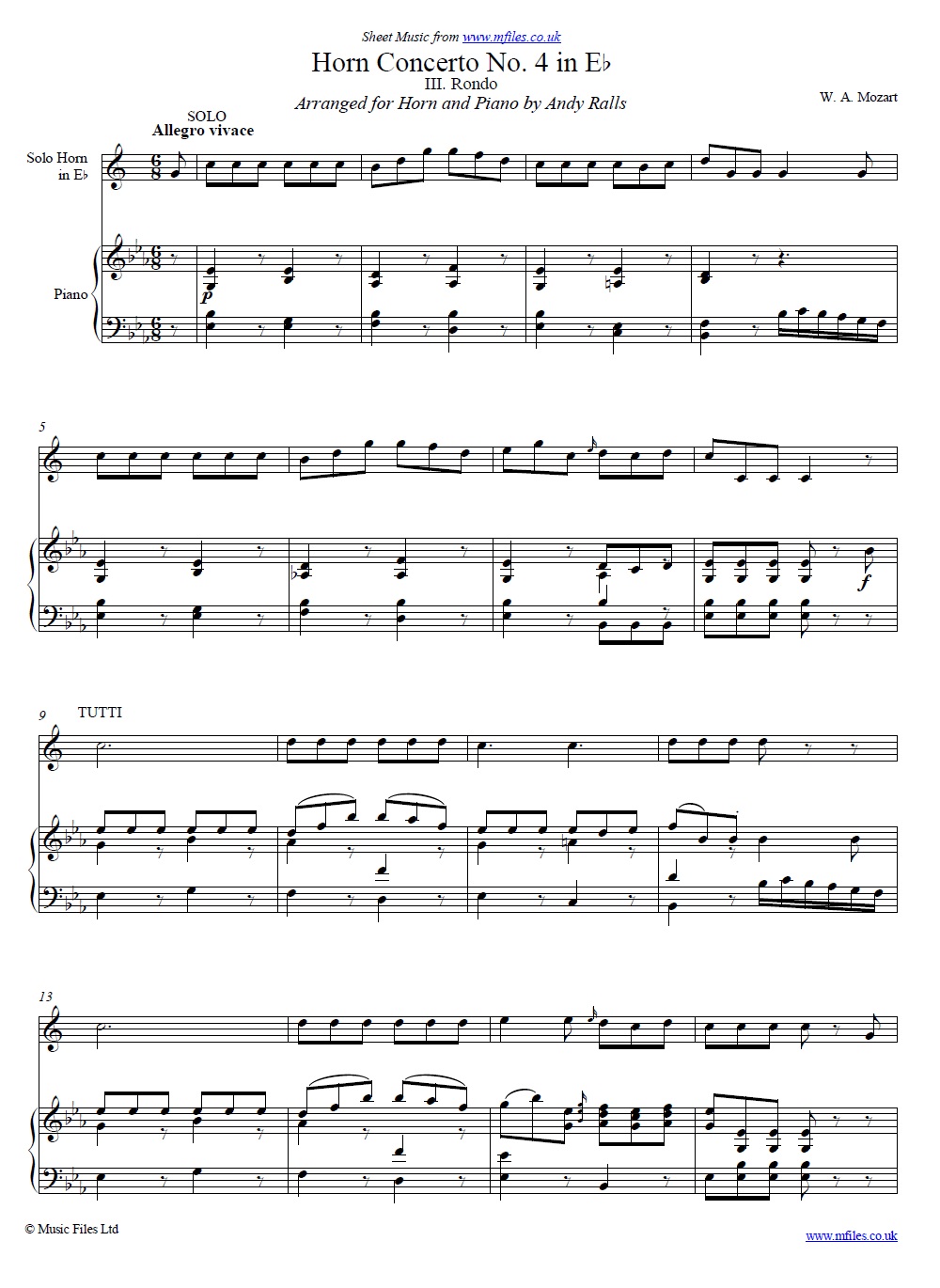 Mozart's 4th Horn Concerto No.4 (3rd Movement: Rondo) horn and piano - sheet music 1st page