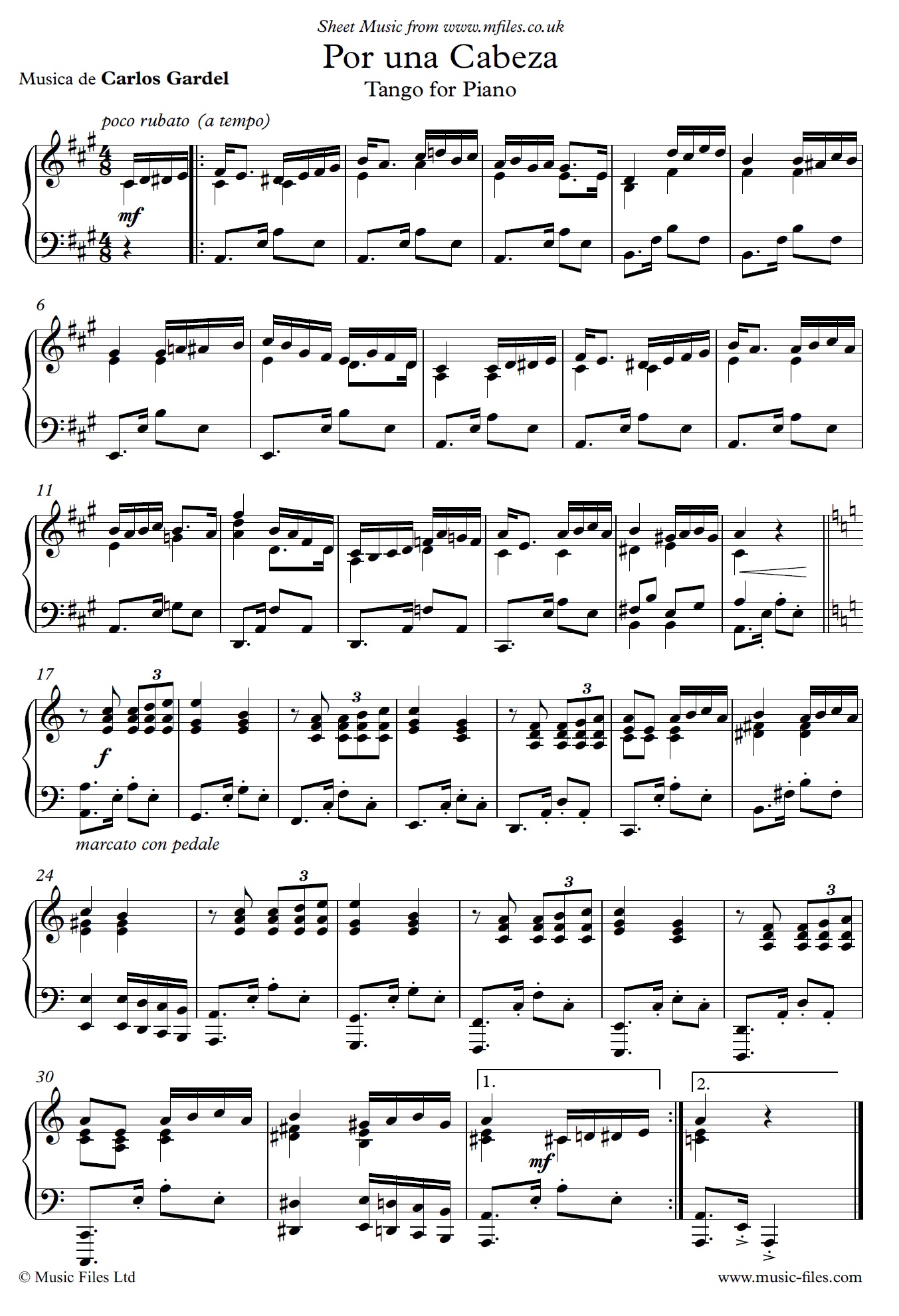 Por Una Cabeza arranged for piano solo - sheet music 1st page