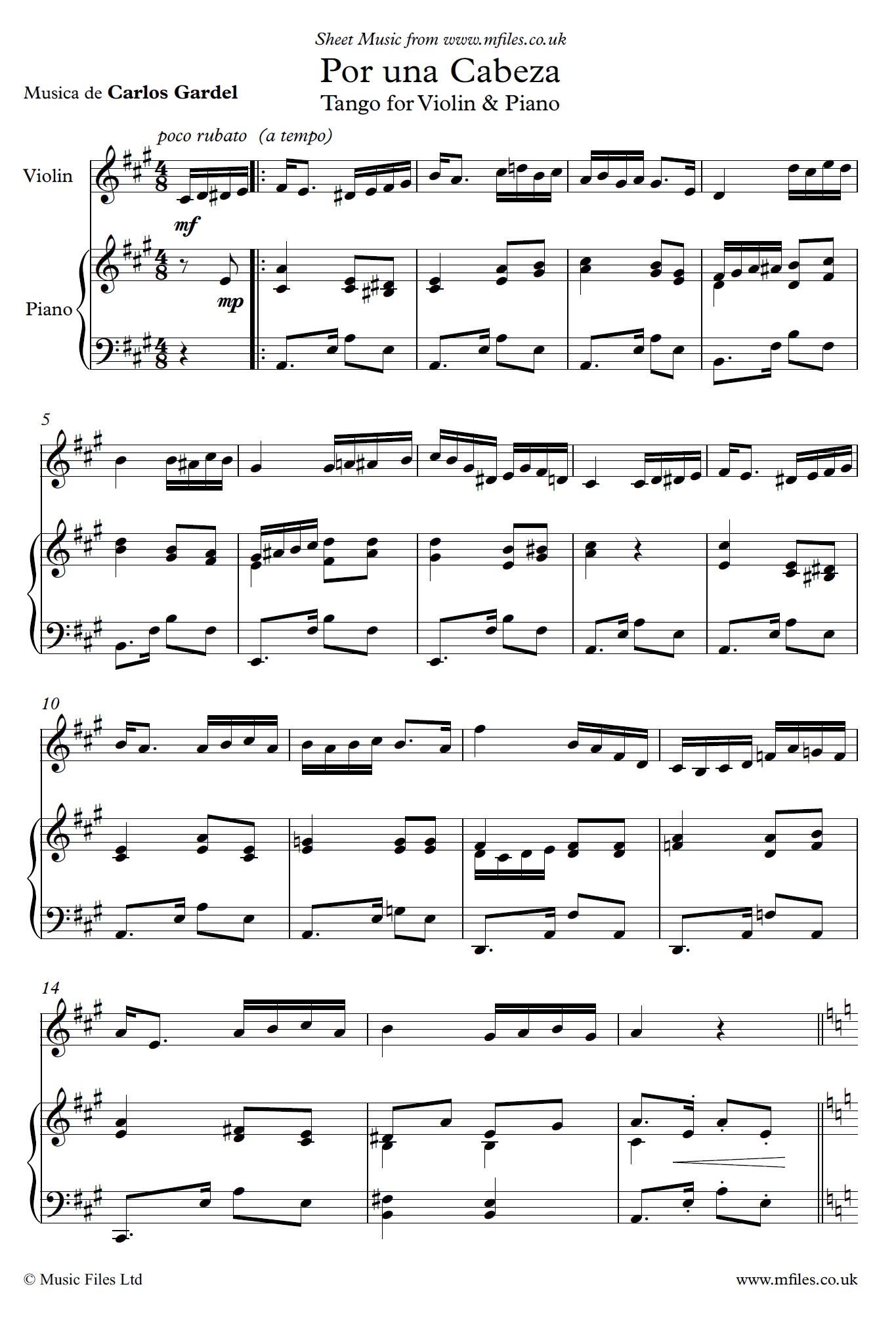 Por Una Cabeza arranged for violin and piano - sheet music 1st page