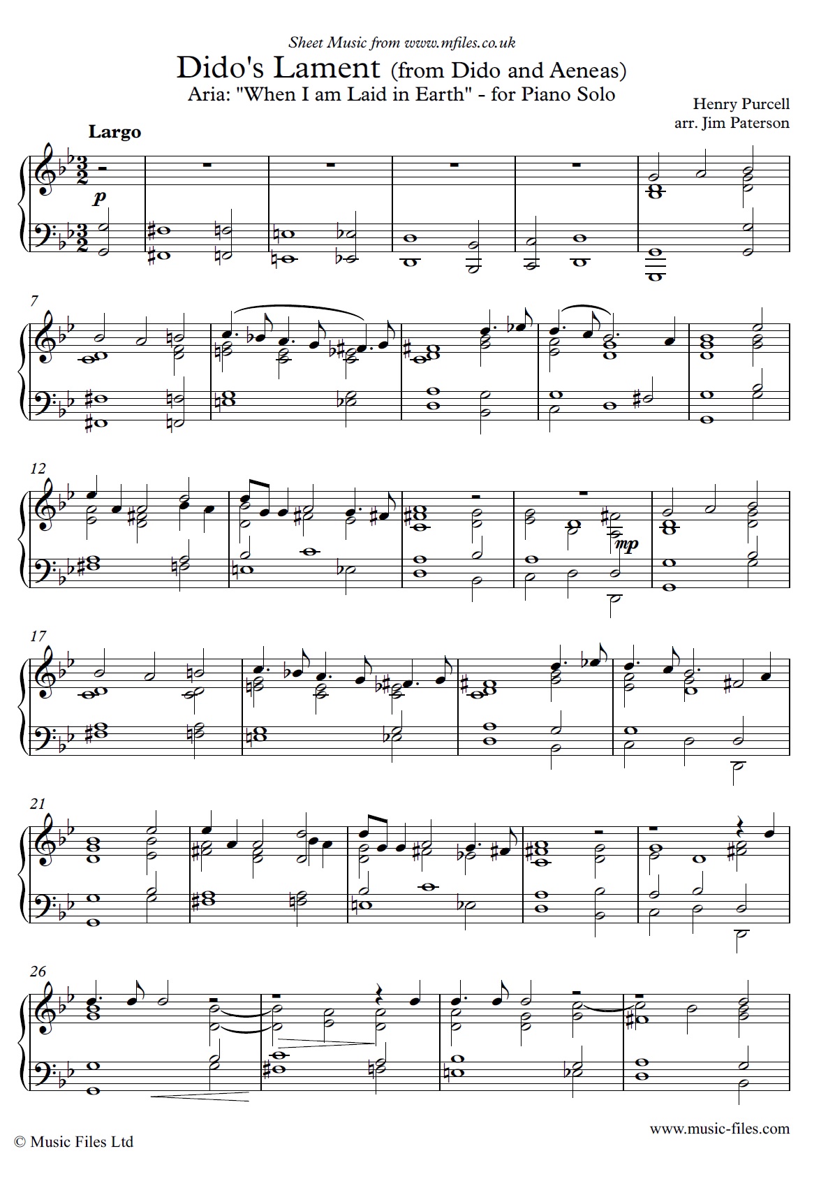 Dido's Lament arranged for Piano Solo - sheet music 1st page