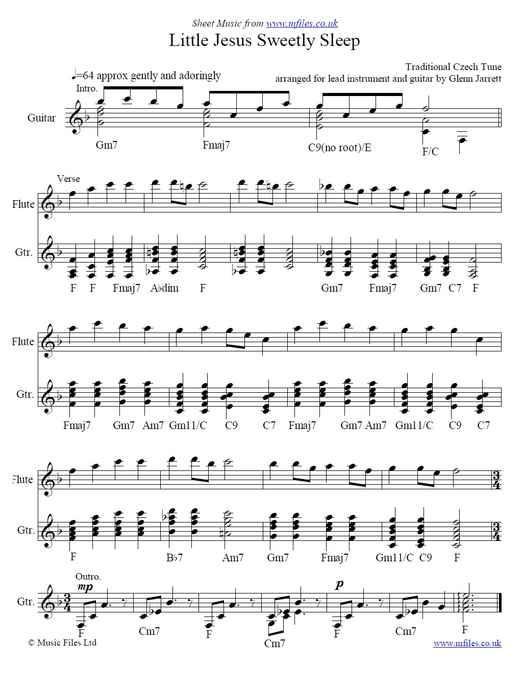 Rocking Carol (Little Jesus Sweetly Sleep) arranged by Glenn Jarrett for flute and guitar - sheet music 1st page