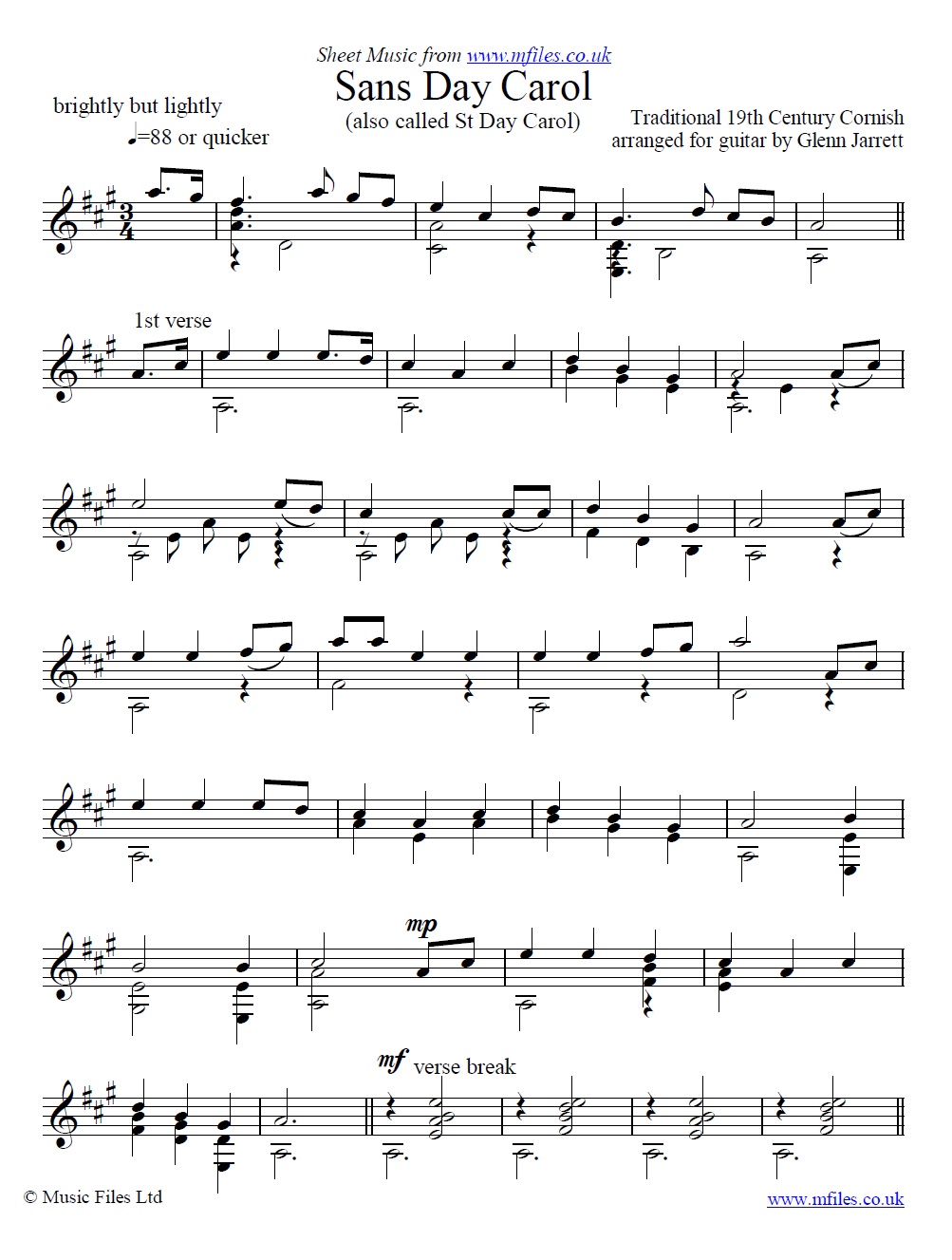 Sans Day Carol annaged by Glenn Jarrett for guitar - sheet music 1st page