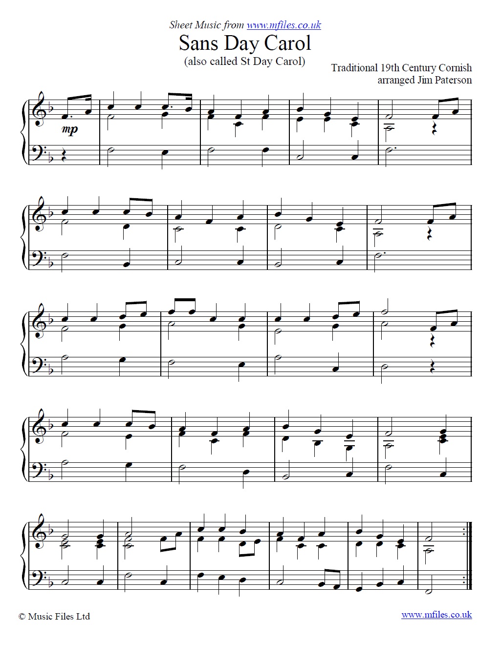 Sans Day Carol for piano - sheet music 1st page
