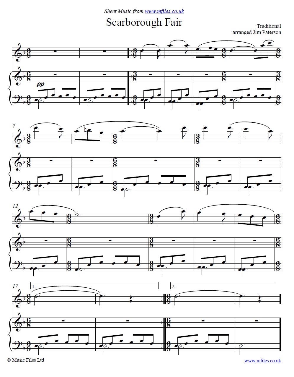 Scarborough Fair for flute and piano - sheet music 1st page