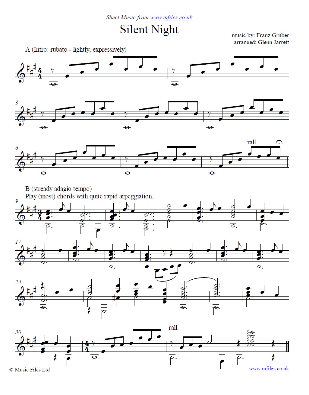 Silent Night for guitar - sheet music 1st page