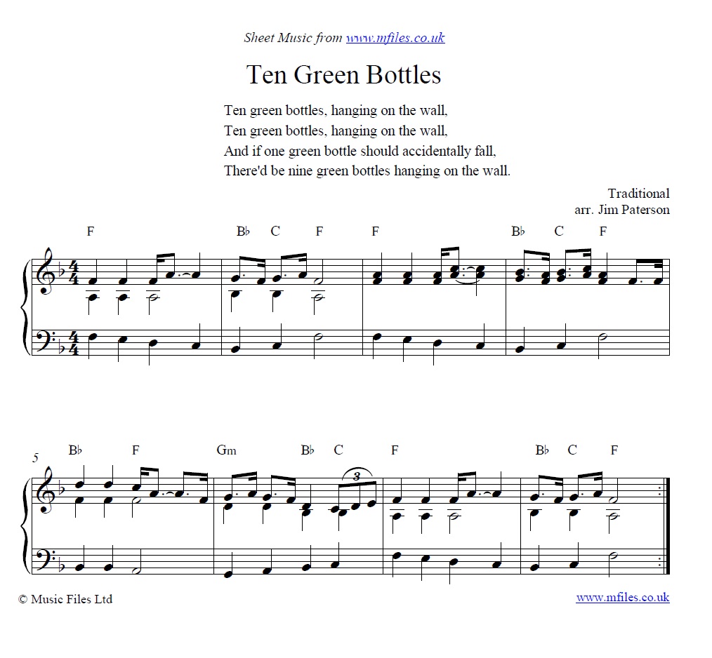 Ten Green Bottles for piano - sheet music 1st page